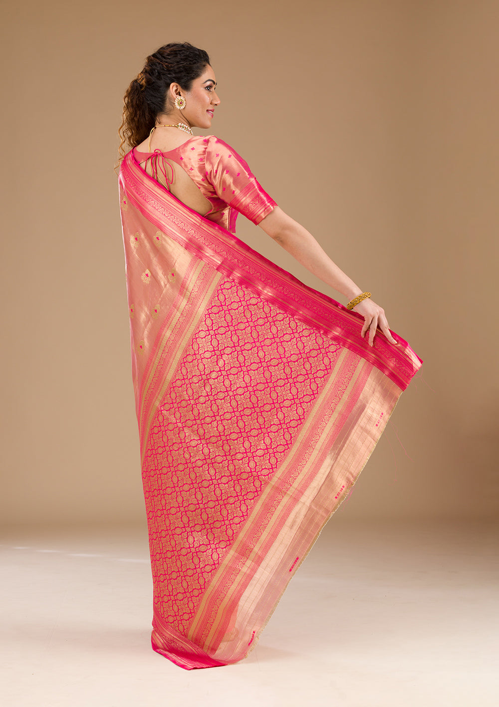 Rani Pink Zariwork Tissue Saree-Koskii