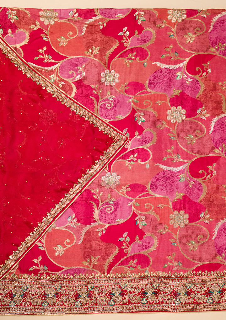 Red Cutdana Crepe Unstitched Salwar Suit