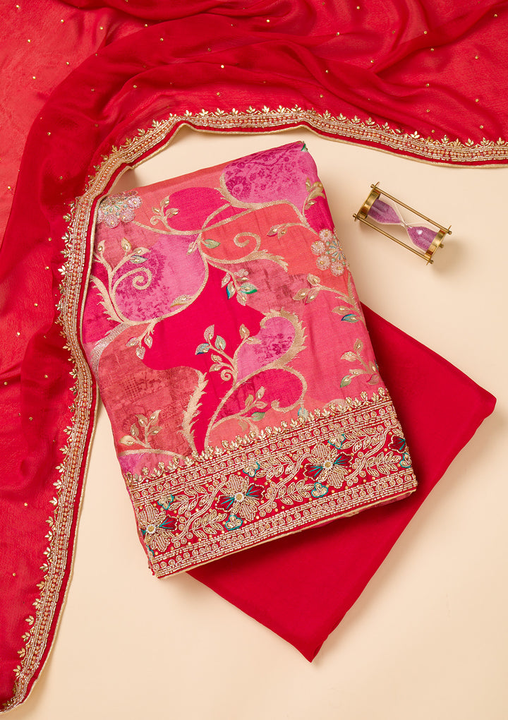 Red Cutdana Crepe Unstitched Salwar Suit