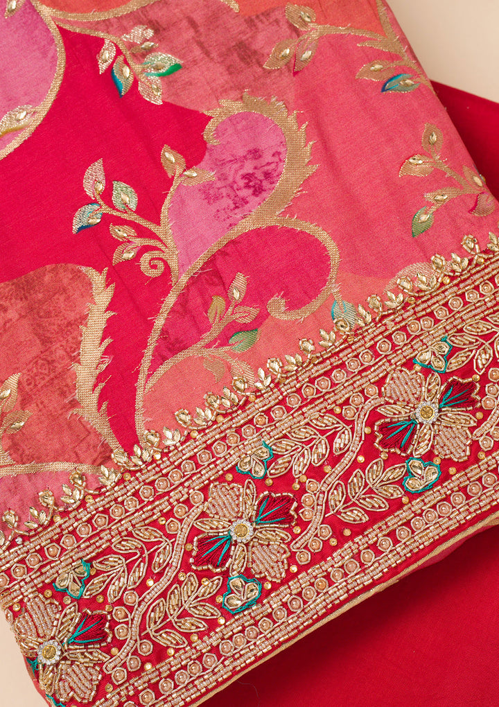 Red Cutdana Crepe Unstitched Salwar Suit