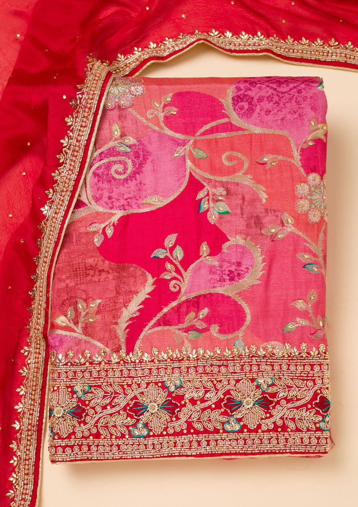 Red Cutdana Crepe Unstitched Salwar Suit