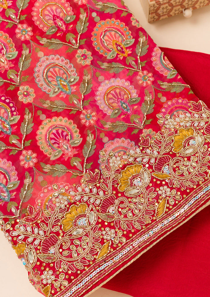 Red Cutdana Georgette Unstitched Salwar Suit