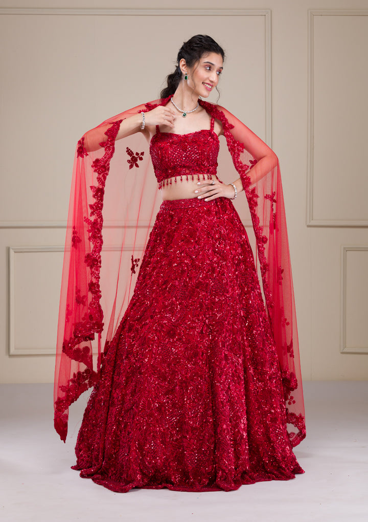 Red Cutdana Net Readymade Lehenga