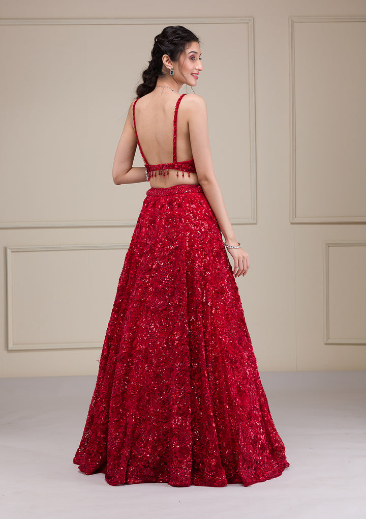 Red Cutdana Net Readymade Lehenga