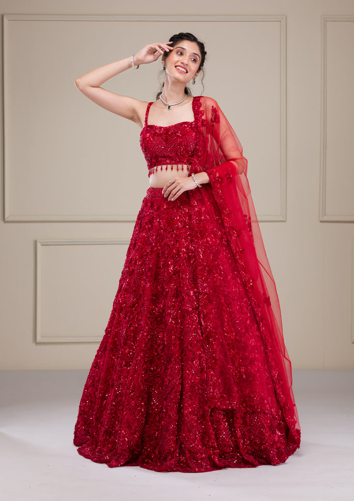 Red Cutdana Net Readymade Lehenga