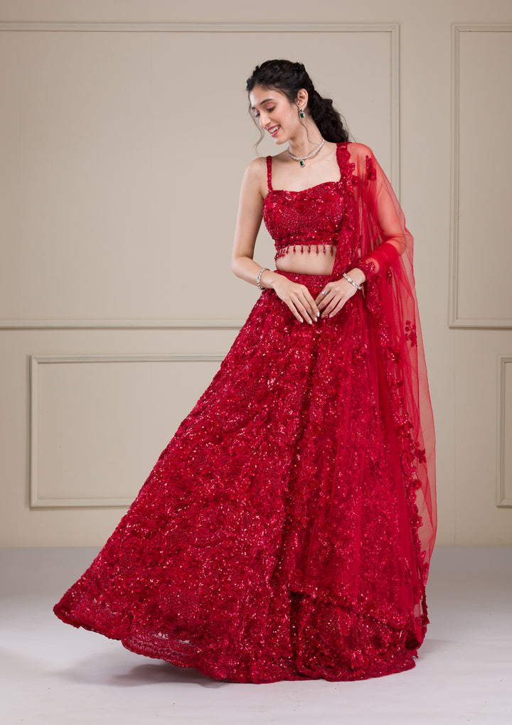 Red Cutdana Net Readymade Lehenga