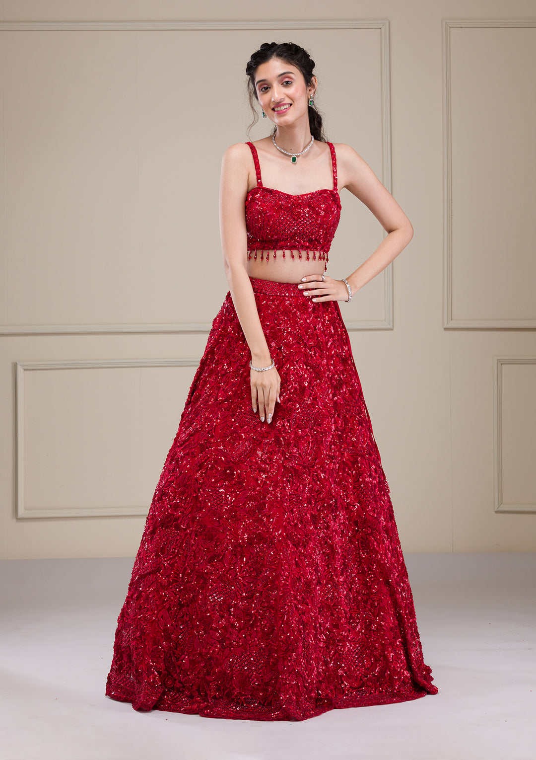 Red Cutdana Net Readymade Lehenga