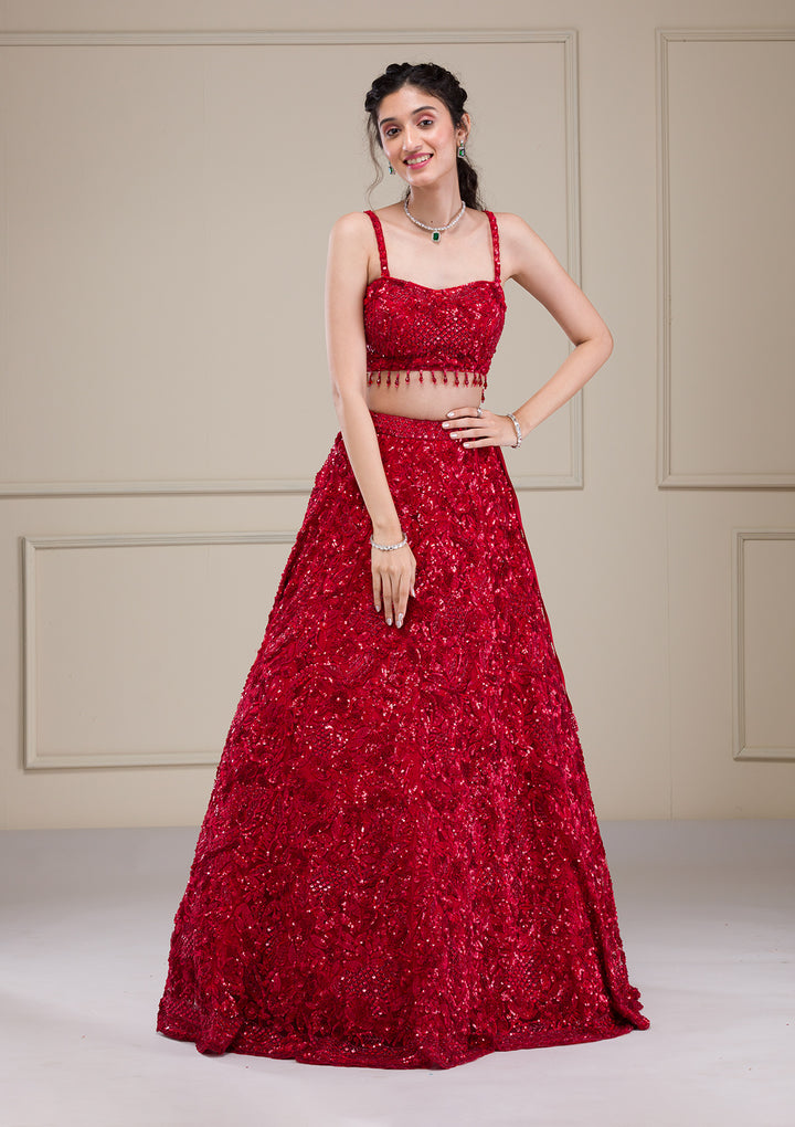 Red Cutdana Net Readymade Lehenga