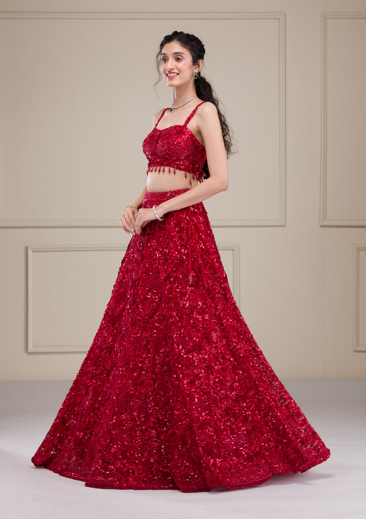 Red Cutdana Net Readymade Lehenga