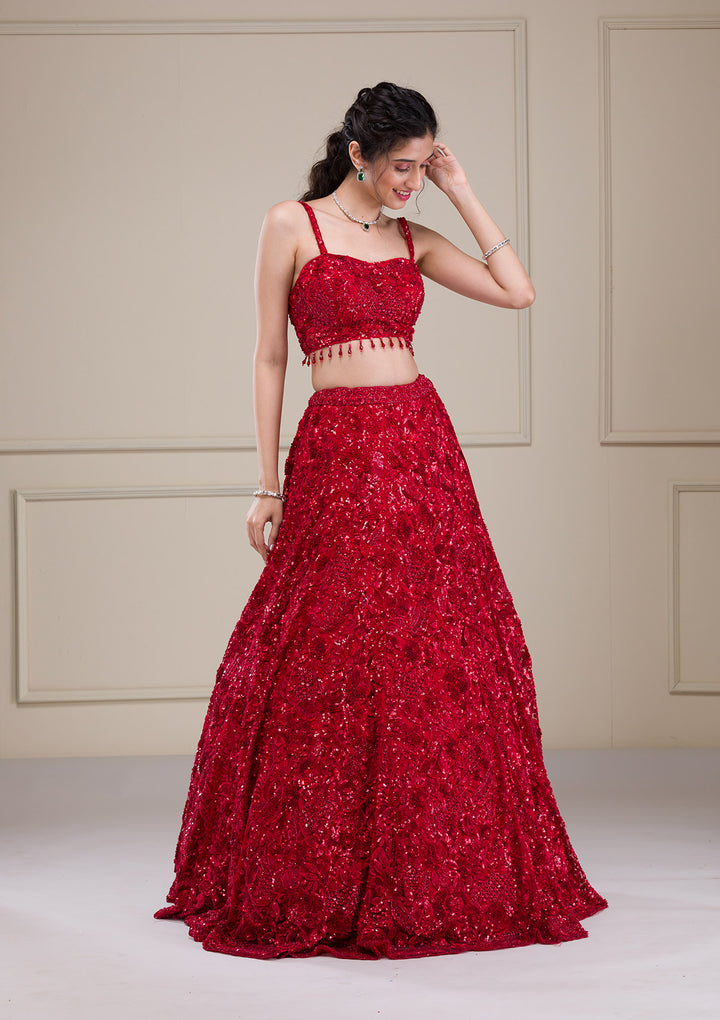 Red Cutdana Net Readymade Lehenga