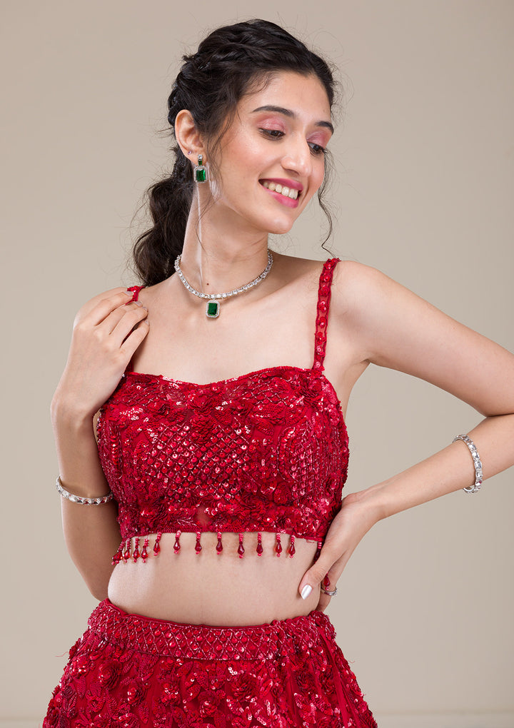 Red Cutdana Net Readymade Lehenga