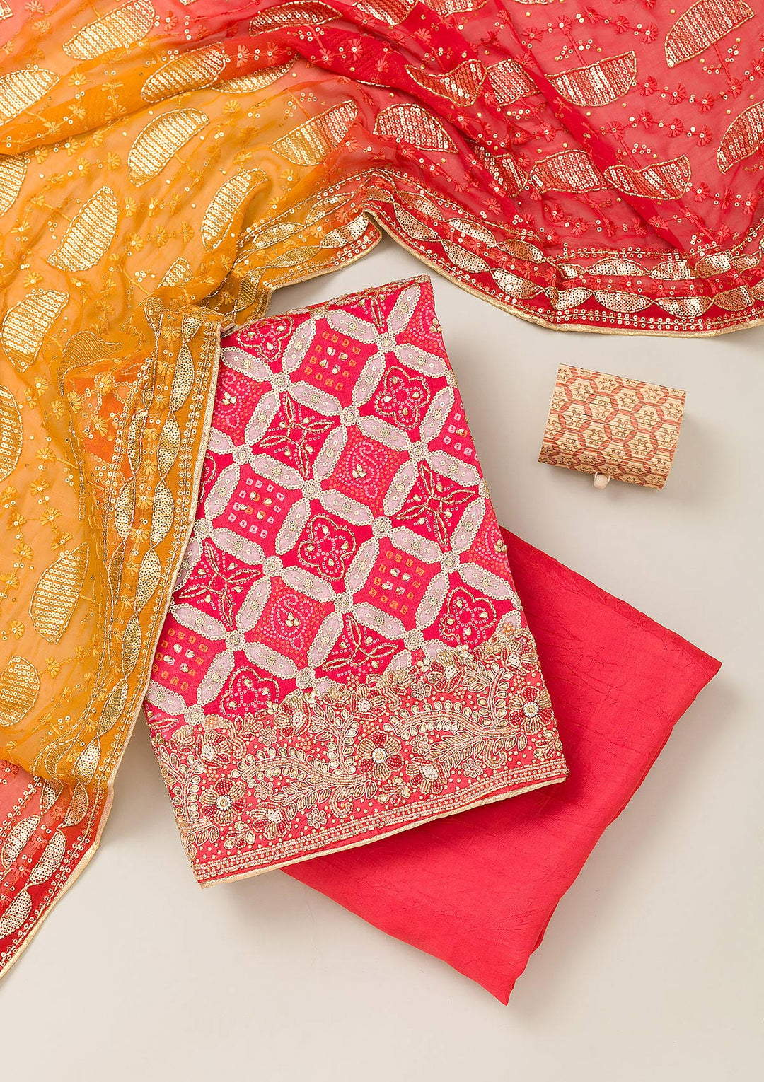 Red Cutdana Semi Crepe Unstitched Salwar Suit