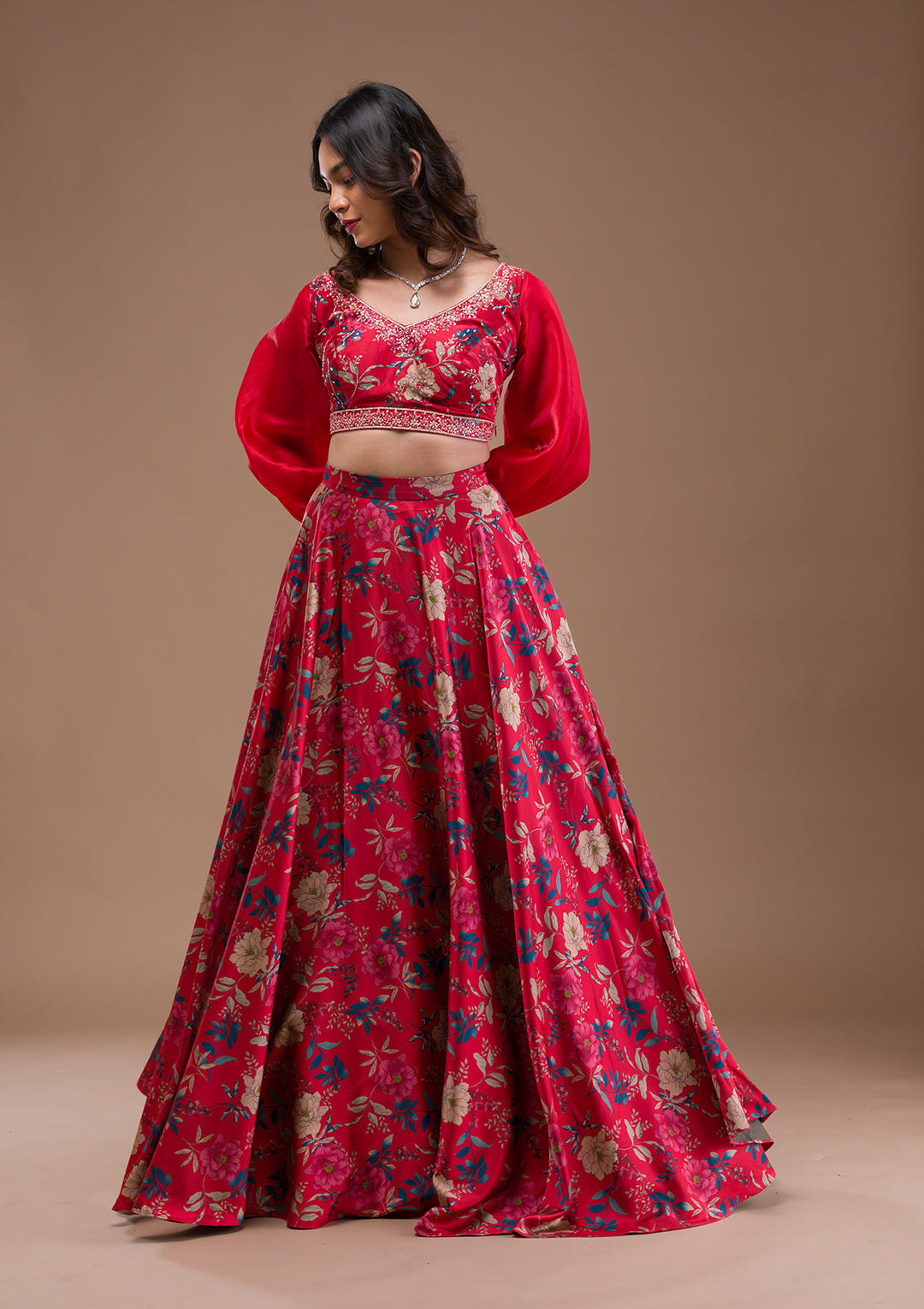 Red Print Satin Readymade Lehenga-Koskii