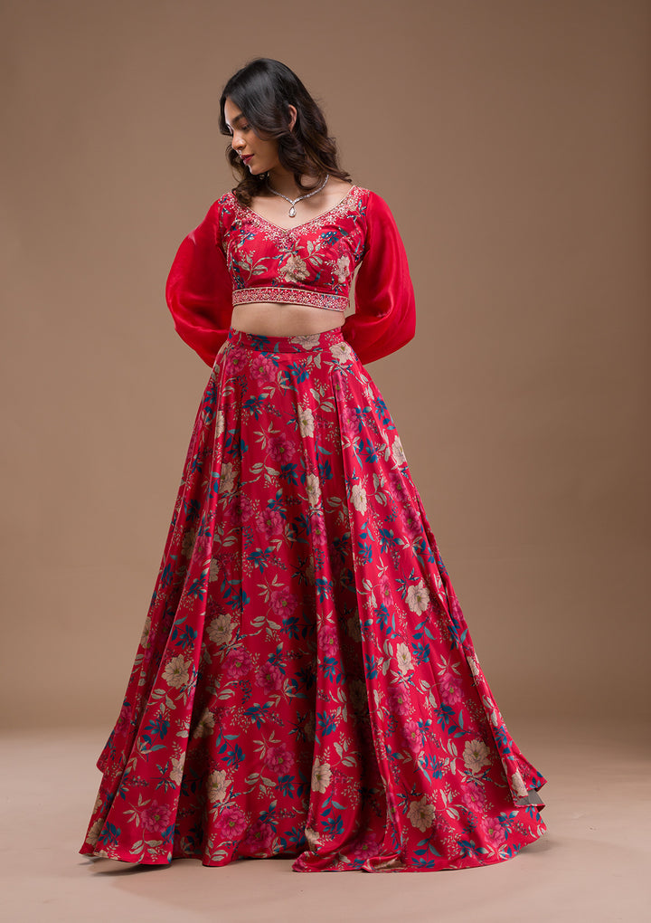 Red Print Satin Readymade Lehenga-Koskii