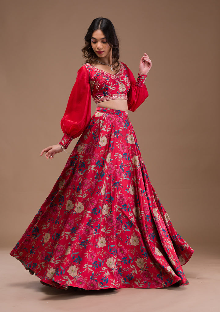 Red Print Satin Readymade Lehenga-Koskii