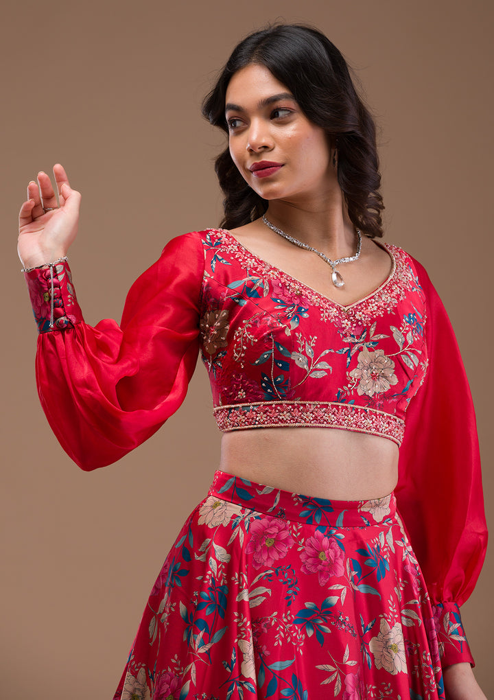 Red Print Satin Readymade Lehenga-Koskii
