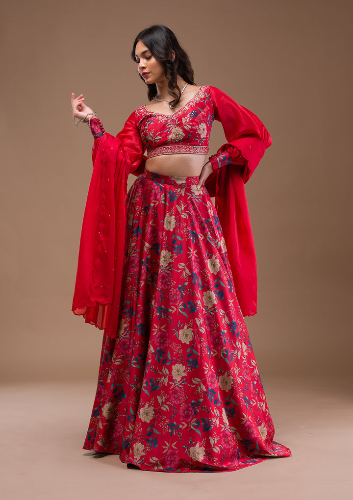 Red Print Satin Readymade Lehenga-Koskii