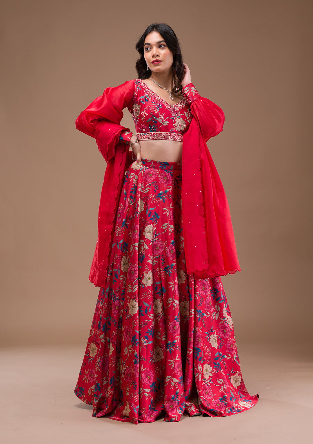 Red Print Satin Readymade Lehenga-Koskii