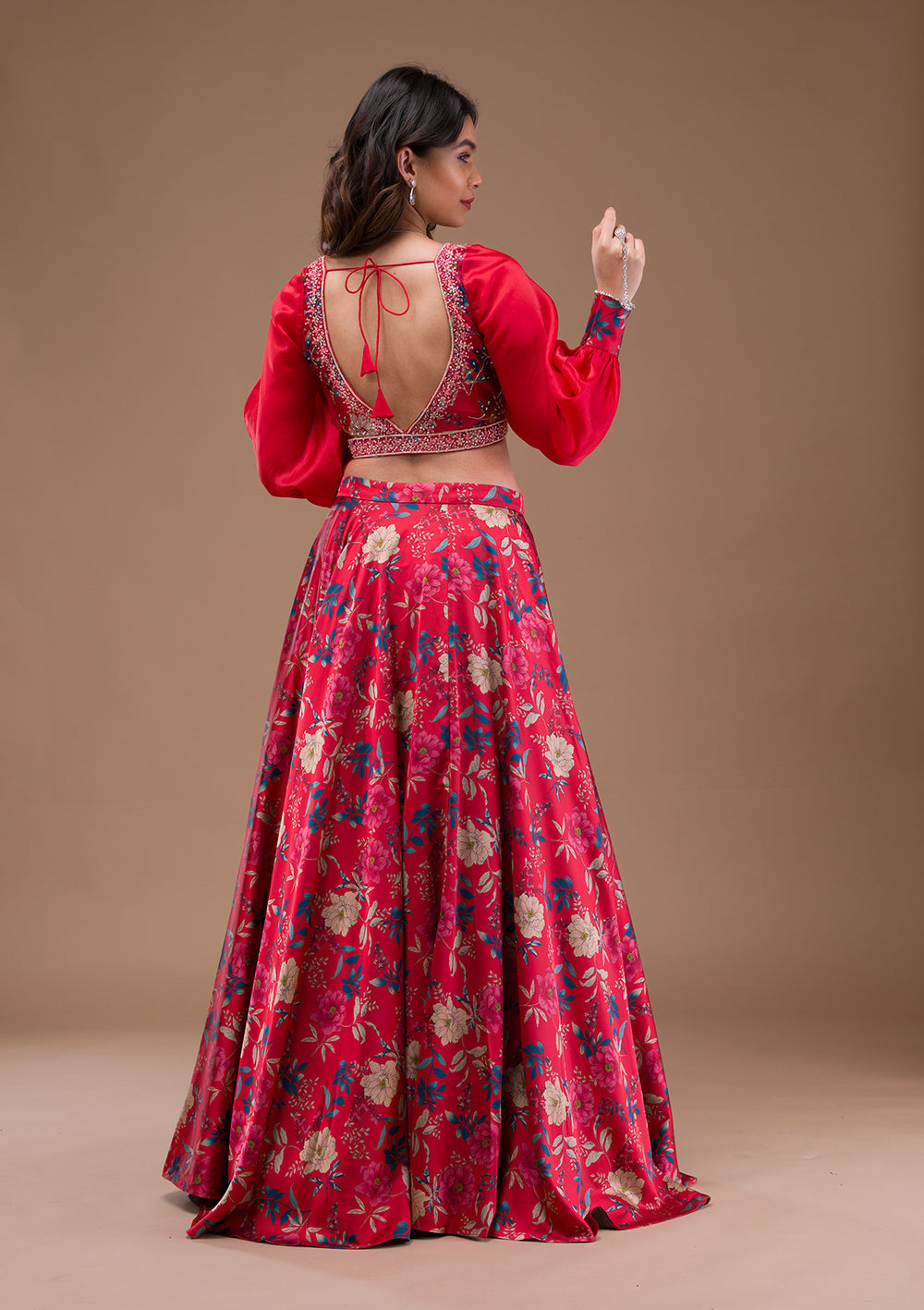 Red Print Satin Readymade Lehenga-Koskii