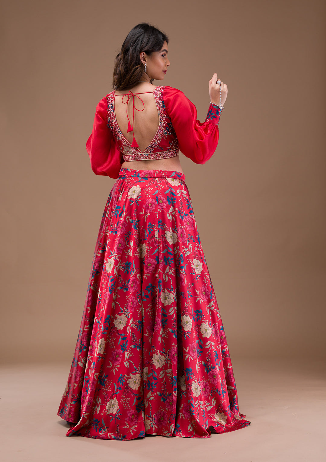 Red Print Satin Readymade Lehenga-Koskii
