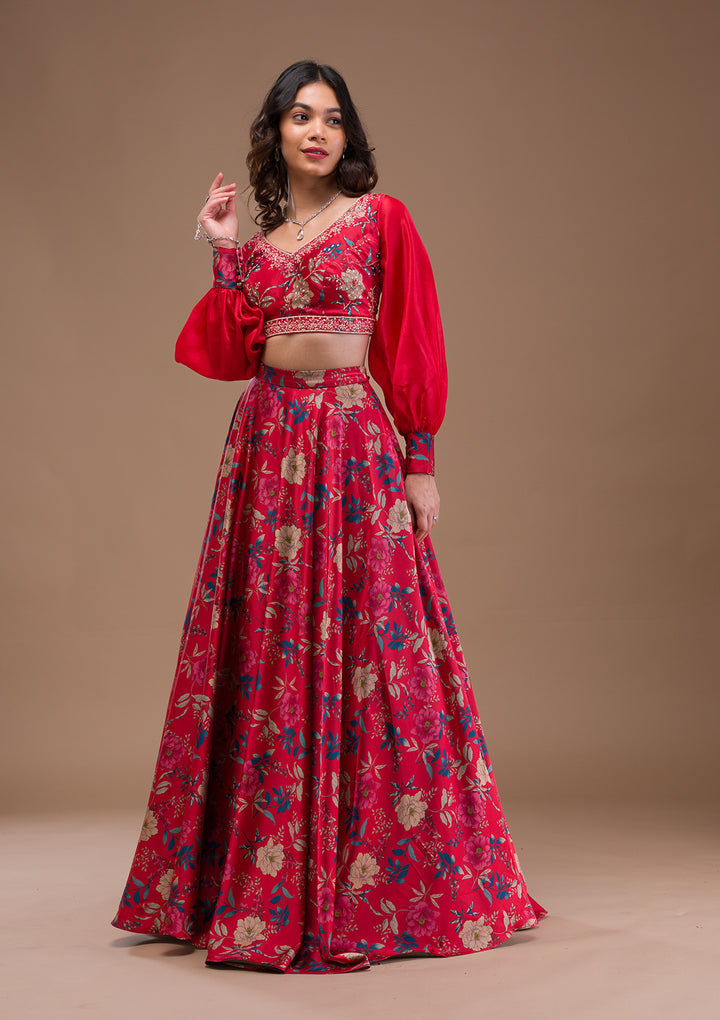 Red Print Satin Readymade Lehenga-Koskii