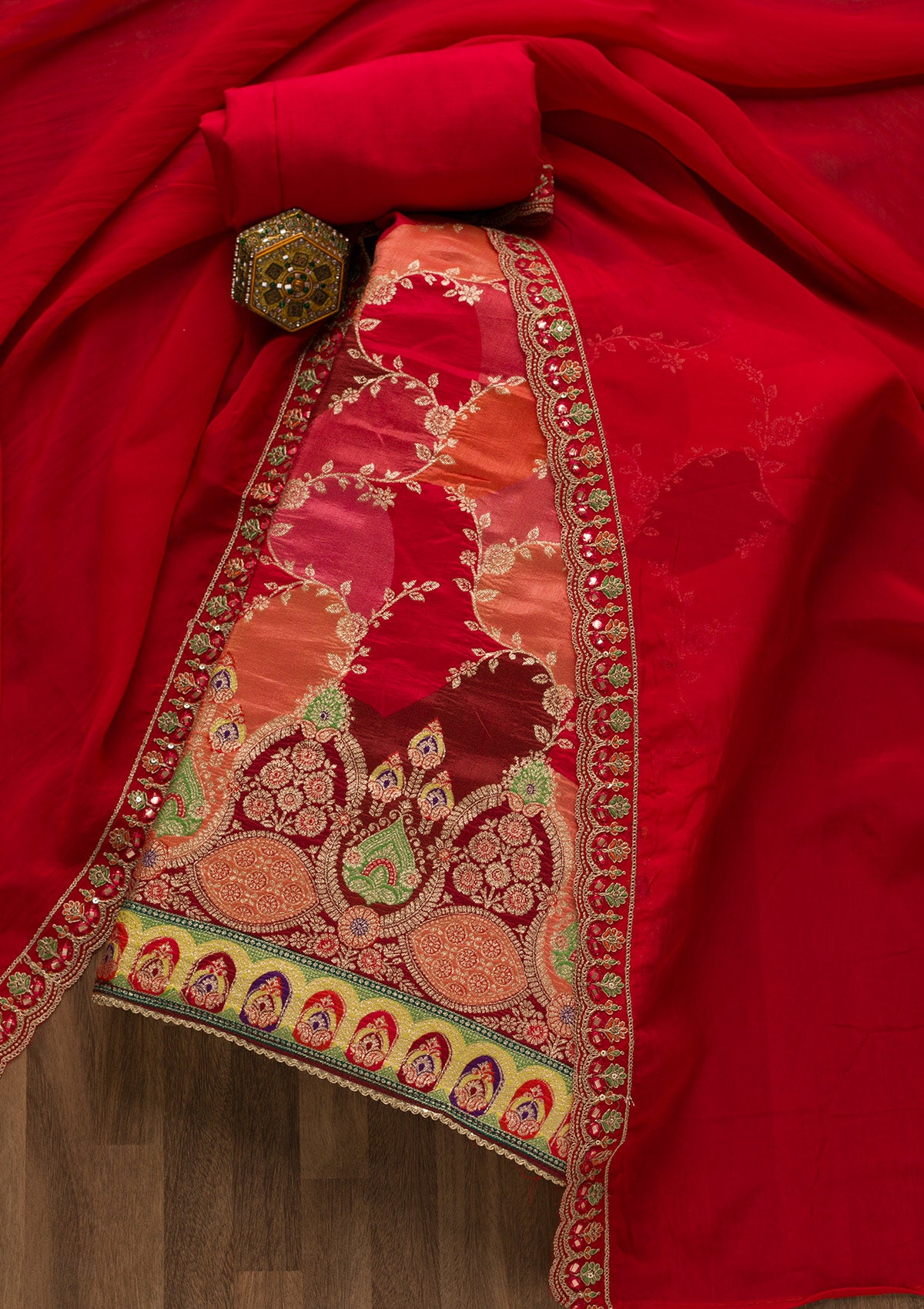 Red Printed Banarasi Unstitched Salwar Suit
