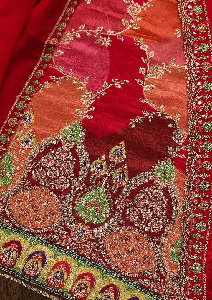 Red Printed Banarasi Unstitched Salwar Suit