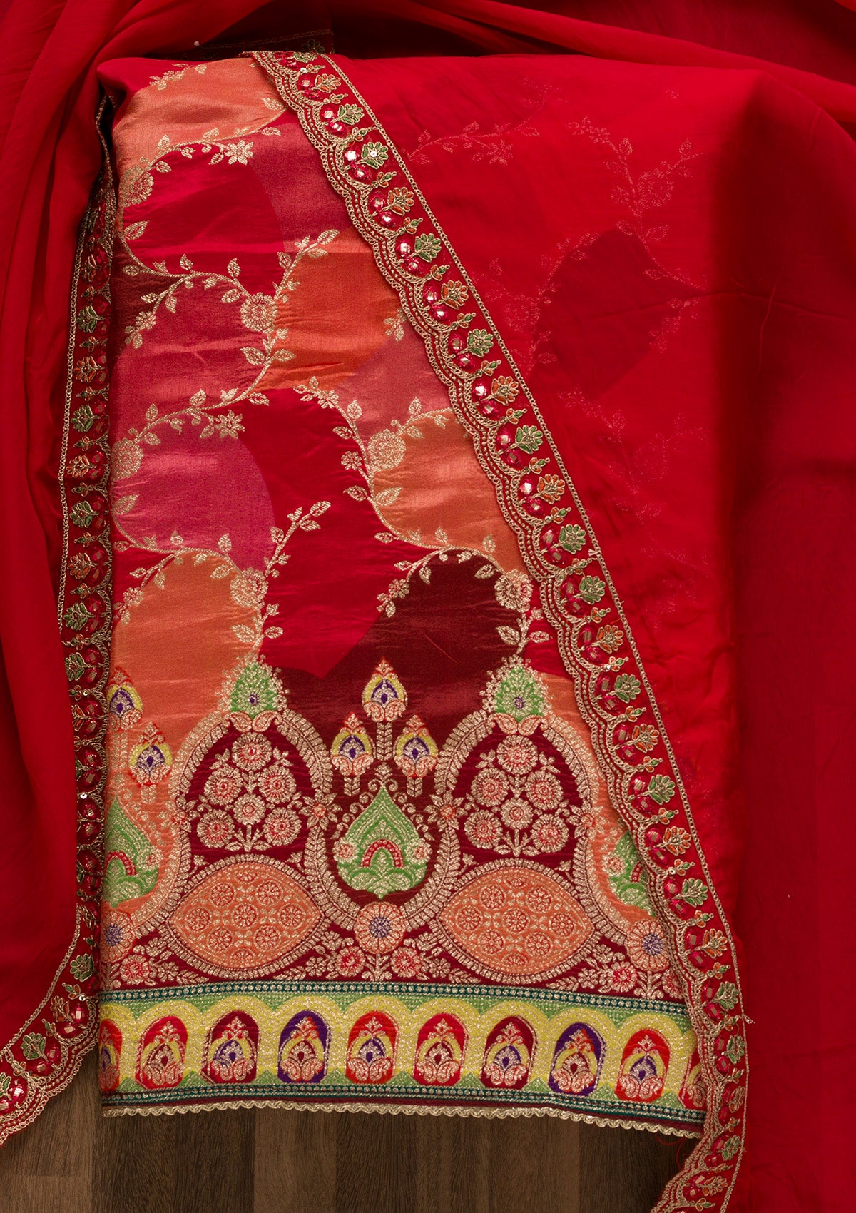 Red Printed Banarasi Unstitched Salwar Suit
