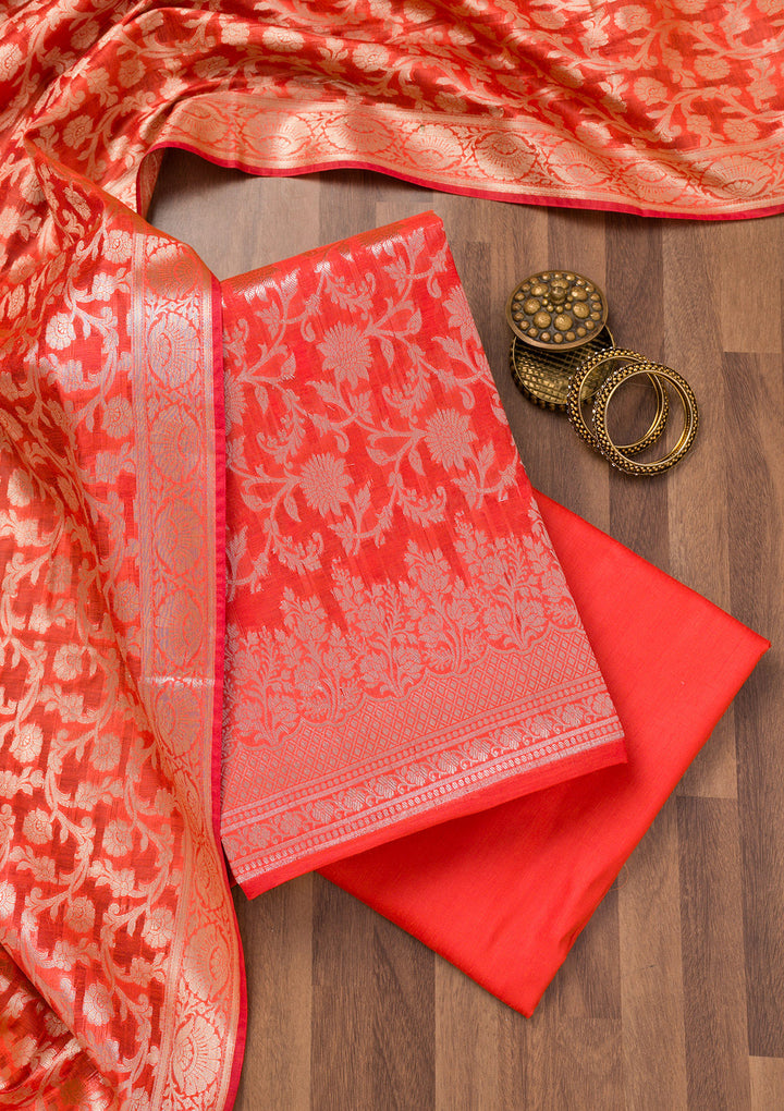 Red Zariwork Banarasi Unstitched Salwar Suit