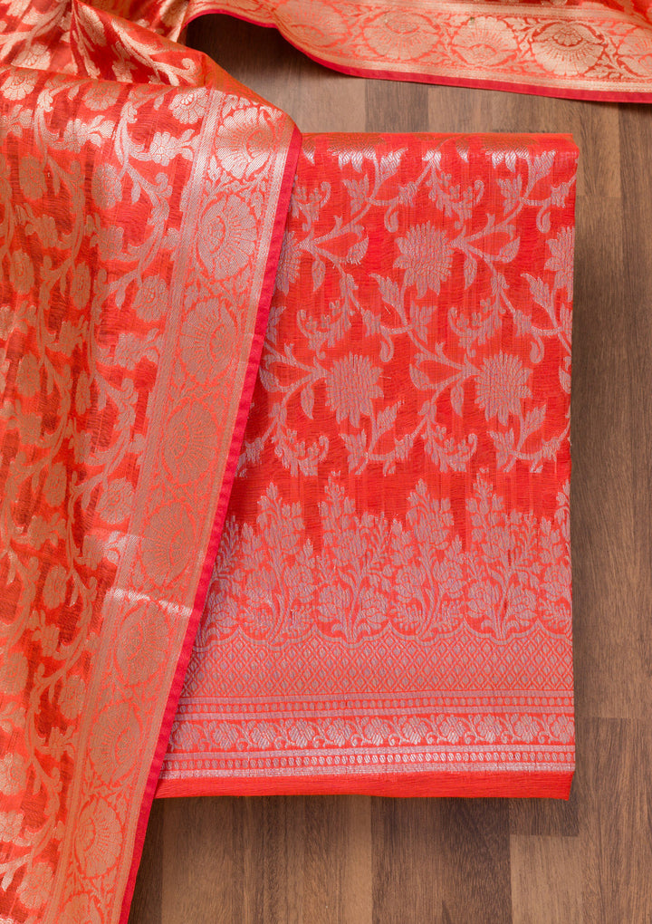 Red Zariwork Banarasi Unstitched Salwar Suit