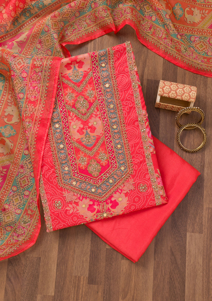 Red Printed Chanderi Unstitched Salwar Suit