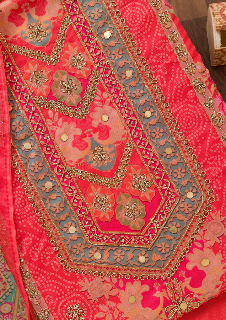 Red Printed Chanderi Unstitched Salwar Suit