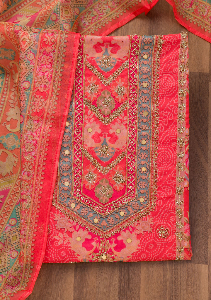 Red Printed Chanderi Unstitched Salwar Suit