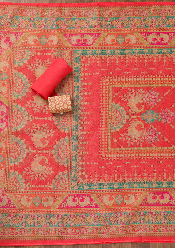 Red Printed Chanderi Unstitched Salwar Suit