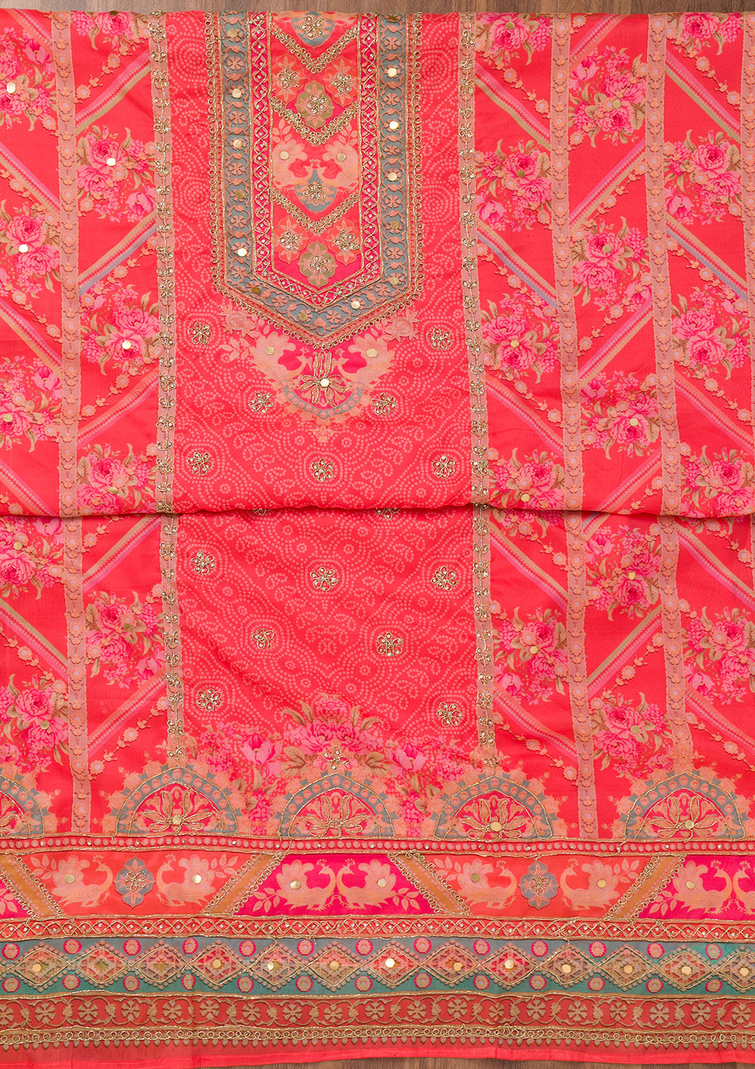 Red Printed Chanderi Unstitched Salwar Suit