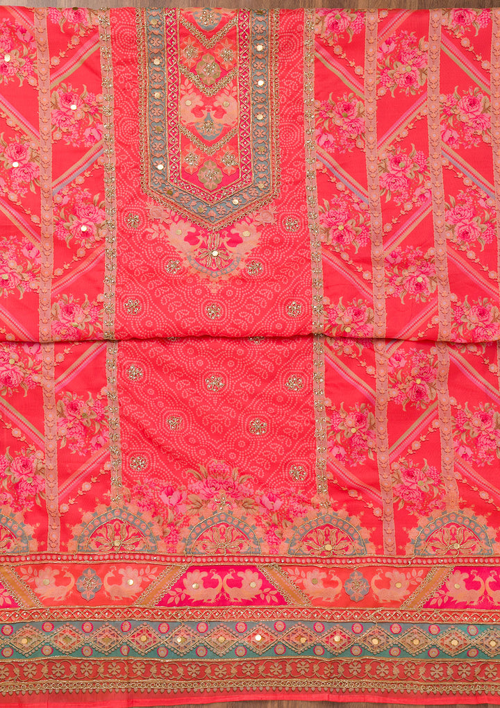 Red Printed Chanderi Unstitched Salwar Suit