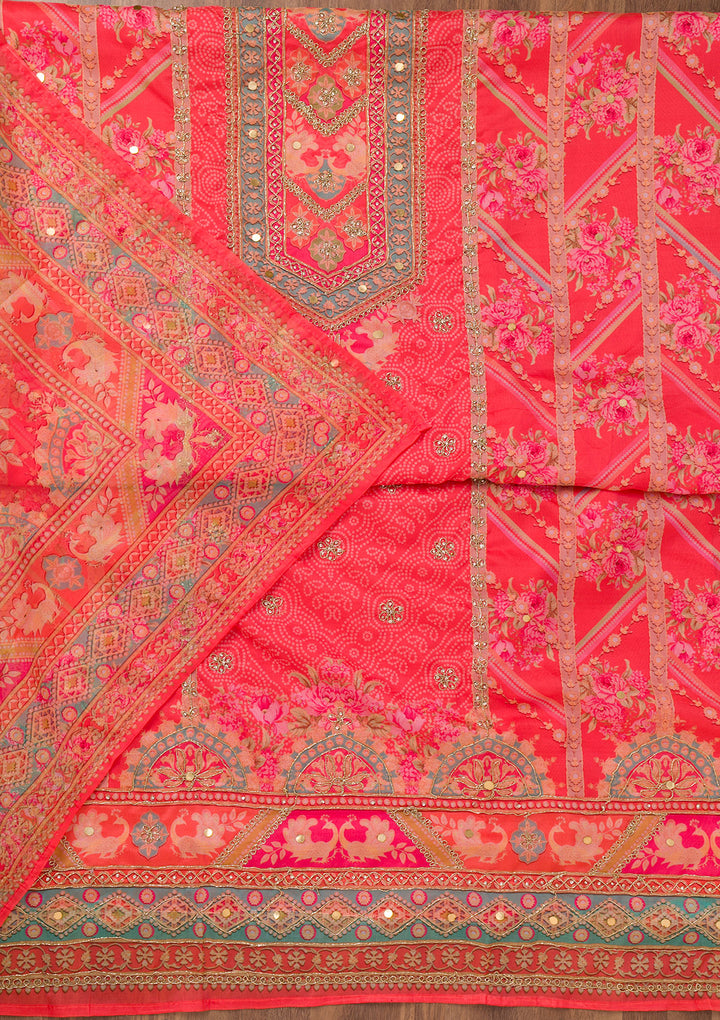Red Printed Chanderi Unstitched Salwar Suit