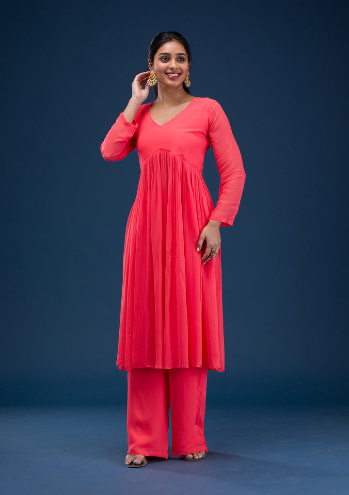 Red Printed Chiffon Readymade Anarkali Suit