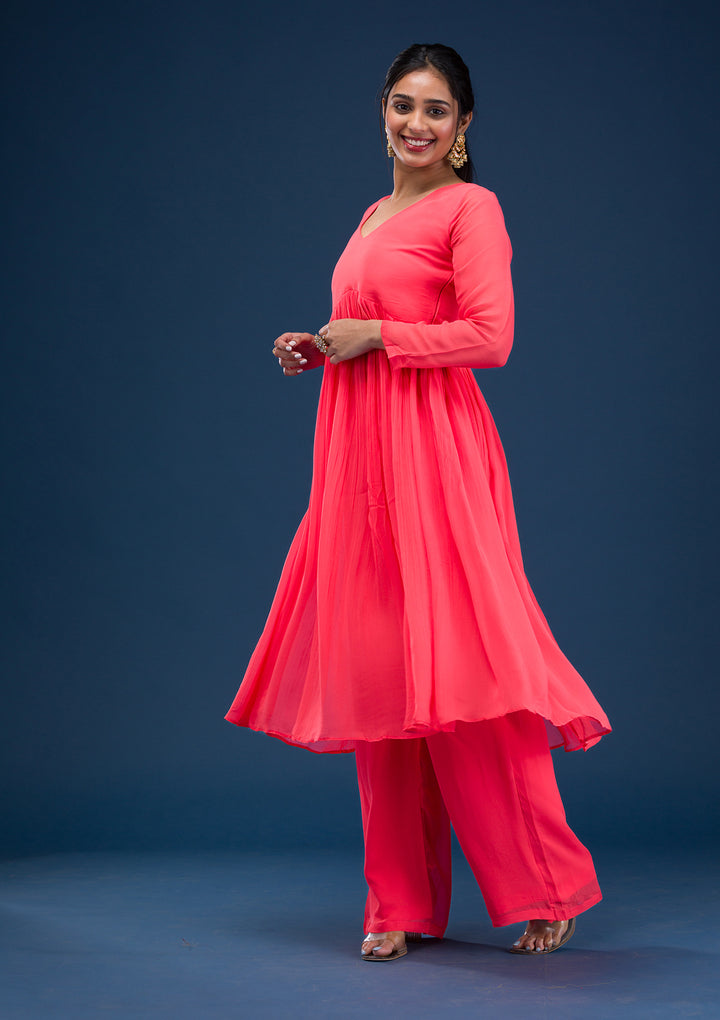 Red Printed Chiffon Readymade Anarkali Suit