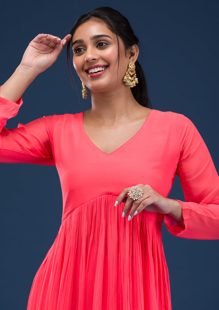 Red Printed Chiffon Readymade Anarkali Suit