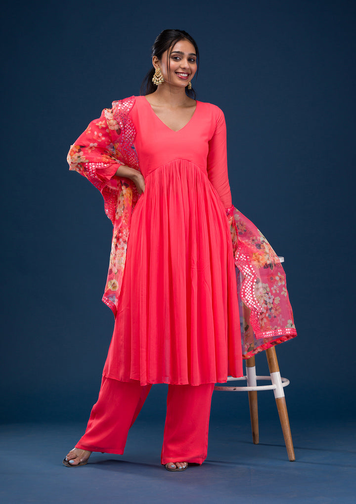 Red Printed Chiffon Readymade Anarkali Suit