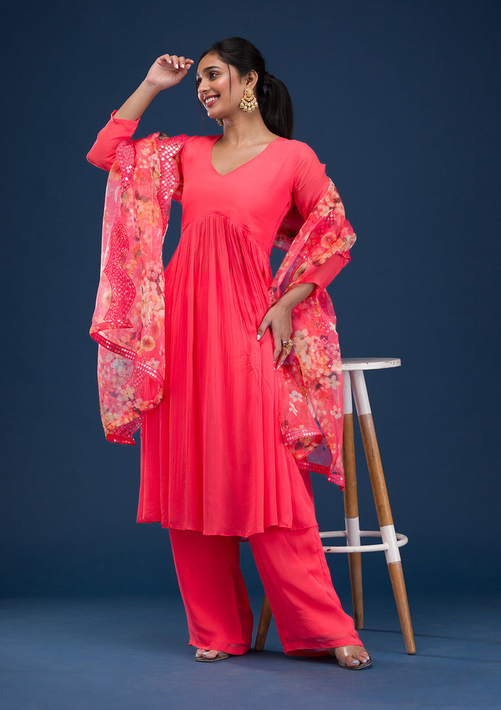 Red Printed Chiffon Readymade Anarkali Suit