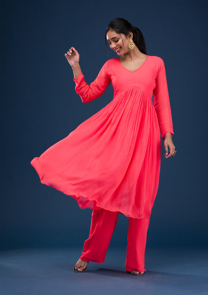 Red Printed Chiffon Readymade Anarkali Suit