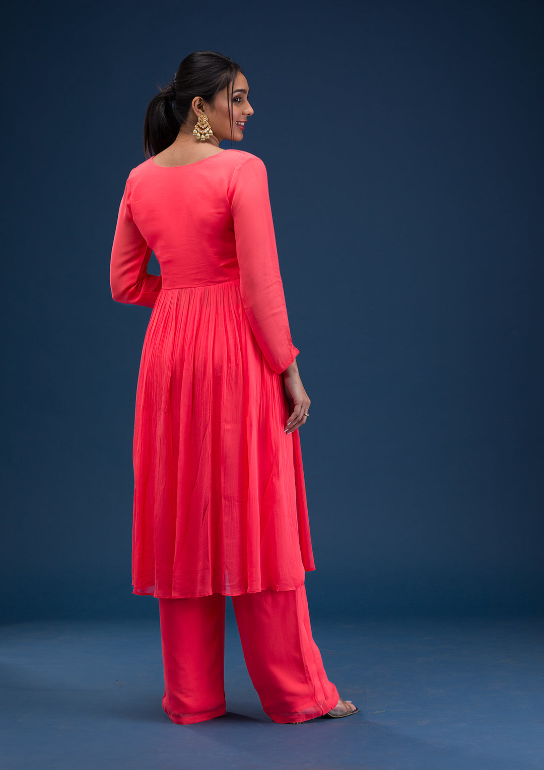Red Printed Chiffon Readymade Anarkali Suit