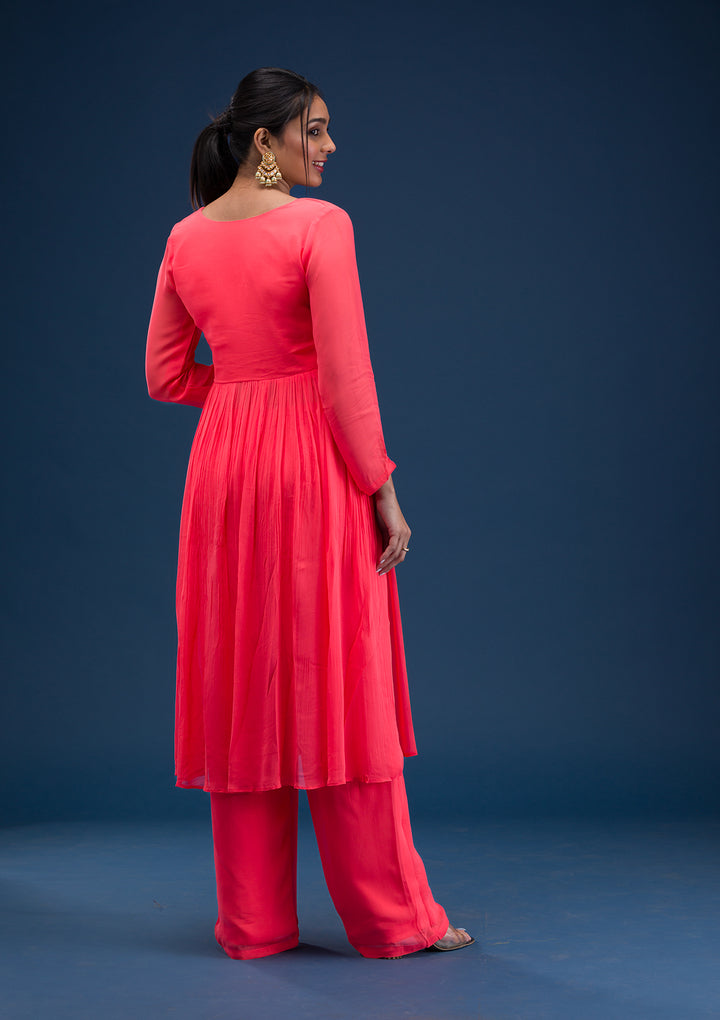 Red Printed Chiffon Readymade Anarkali Suit