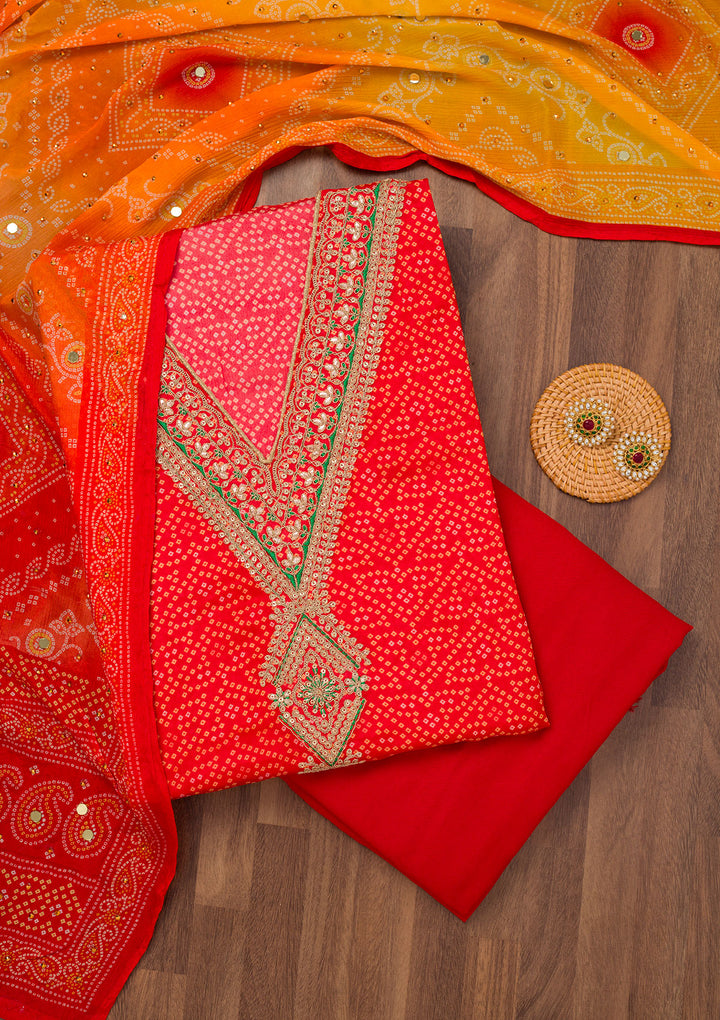 Red Printed Chiffon Unstitched Salwar Suit