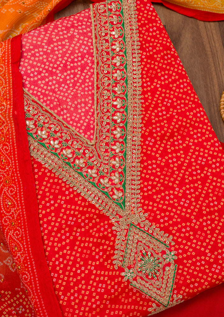 Red Printed Chiffon Unstitched Salwar Suit