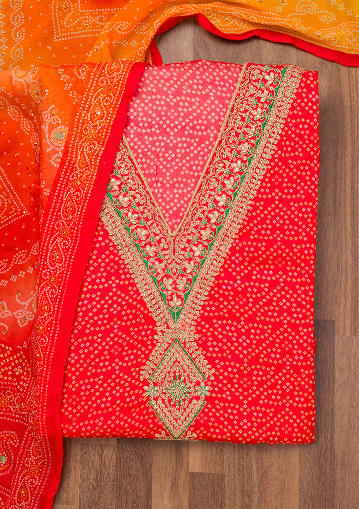 Red Printed Chiffon Unstitched Salwar Suit