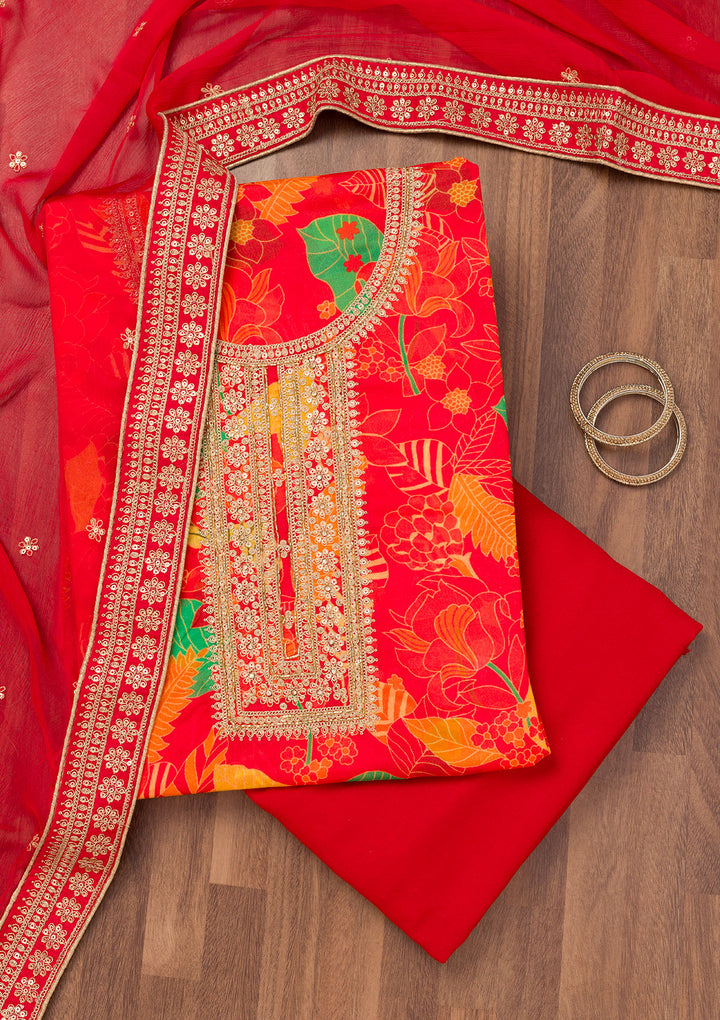 Red Printed Chiffon Unstitched Salwar Suit