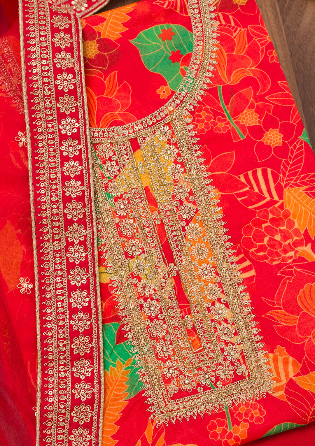 Red Printed Chiffon Unstitched Salwar Suit